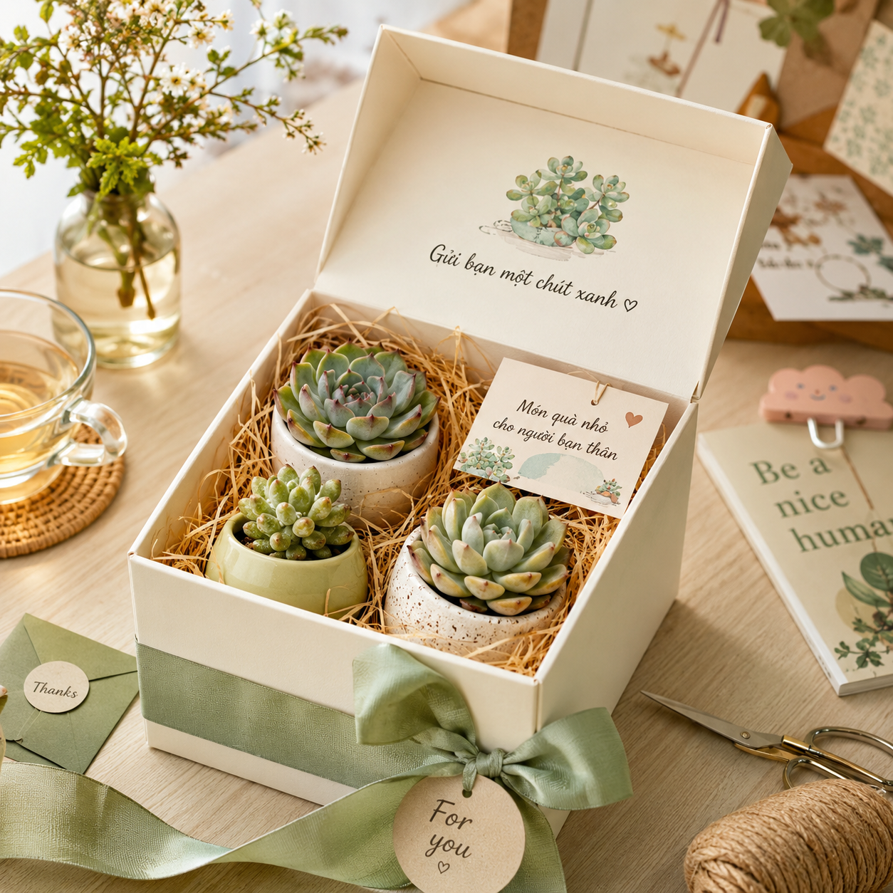 Bộ quà tặng sen đá mini kèm thiệp dành tặng bạn bè